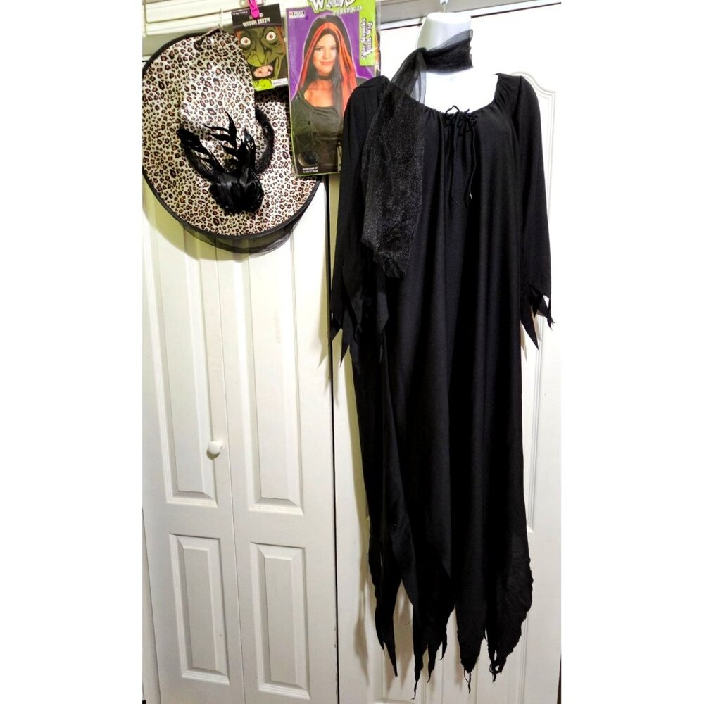 Witch Costume Orange Black Wig Dress Teeth Wand Leopard Hat Halloween Women's